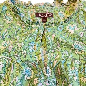 J Crew Top Womens Medium Green White Floral Puff Sleeve Artsy Boho Blouse